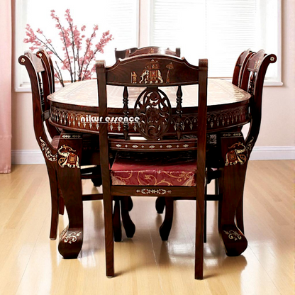 Nikur Essence Six-Seater Solid Rosewood Dining Table Set – Handcrafted Inlay Work Featuring Royal Procession Motifs Nikuressence