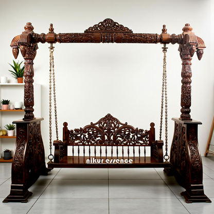Nikur Essence Grand Hand-Carved Wooden Swing with Ornate Detailing & Premium Brass Chains – Traditional Jhula for Home Decor & Indoor Use Nikuressence