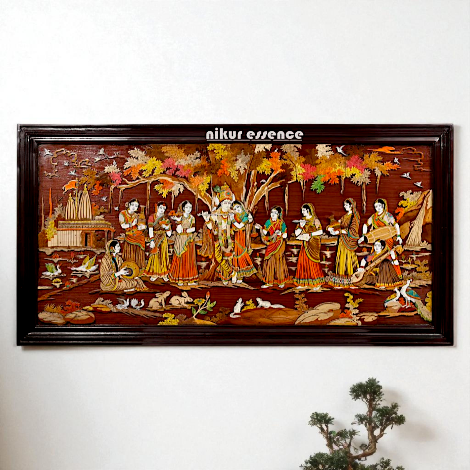 Radha Krishna Fluting with Gopis – 3D Wooden Wall Panel with Intricate Inlay Work Handcrafted Spiritual Art by Nikur Essence Nikuressence