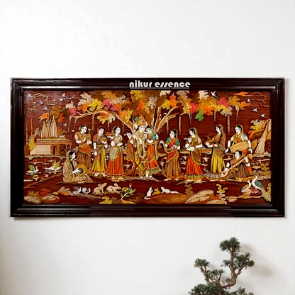 Radha Krishna Fluting with Gopis – 3D Wooden Wall Panel with Intricate Inlay Work Handcrafted Spiritual Art by Nikur Essence Nikuressence
