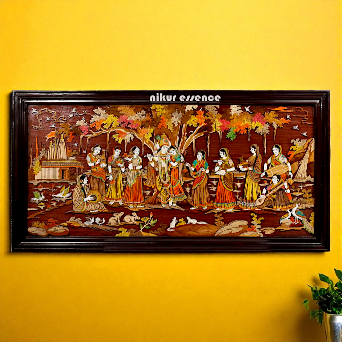 Radha Krishna Fluting with Gopis – 3D Wooden Wall Panel with Intricate Inlay Work Handcrafted Spiritual Art by Nikur Essence Nikuressence