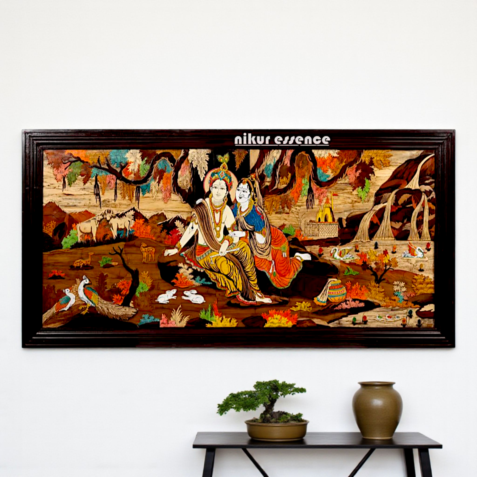 River side Seated Radha Krishna – Intricately Handcrafted 3D Wooden Wall Panel with Inlay Design | Spiritual Décor by Nikur Essence Nikuressence