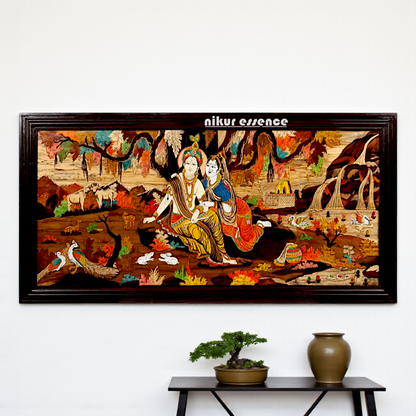 River side Seated Radha Krishna – Intricately Handcrafted 3D Wooden Wall Panel with Inlay Design | Spiritual Décor by Nikur Essence Nikuressence