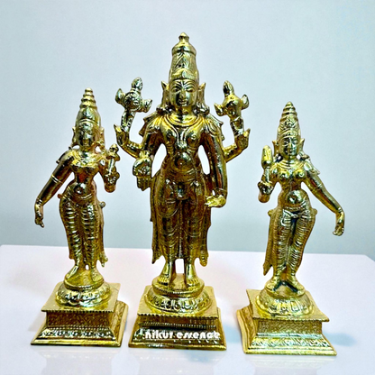Handcrafted Panchaloha Vishnu Idol with Sridevi & BhuDevi – Spiritual Home Decor – Divine Hindu God Statue – Traditional Indian Temple Sculpture by Nikur Essence Nikuressence