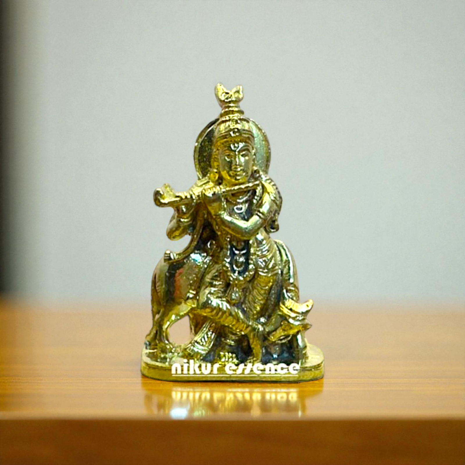 Panchaloha Shree Krishna Playing Flute with Cow Idol – Divine Vrindavan Scene Sculpture – Handcrafted Hindu God Statue by Nikur Essence Nikuressence