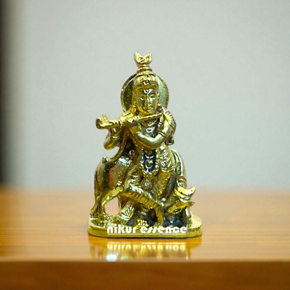 Panchaloha Shree Krishna Playing Flute with Cow Idol – Divine Vrindavan Scene Sculpture – Handcrafted Hindu God Statue by Nikur Essence Nikuressence