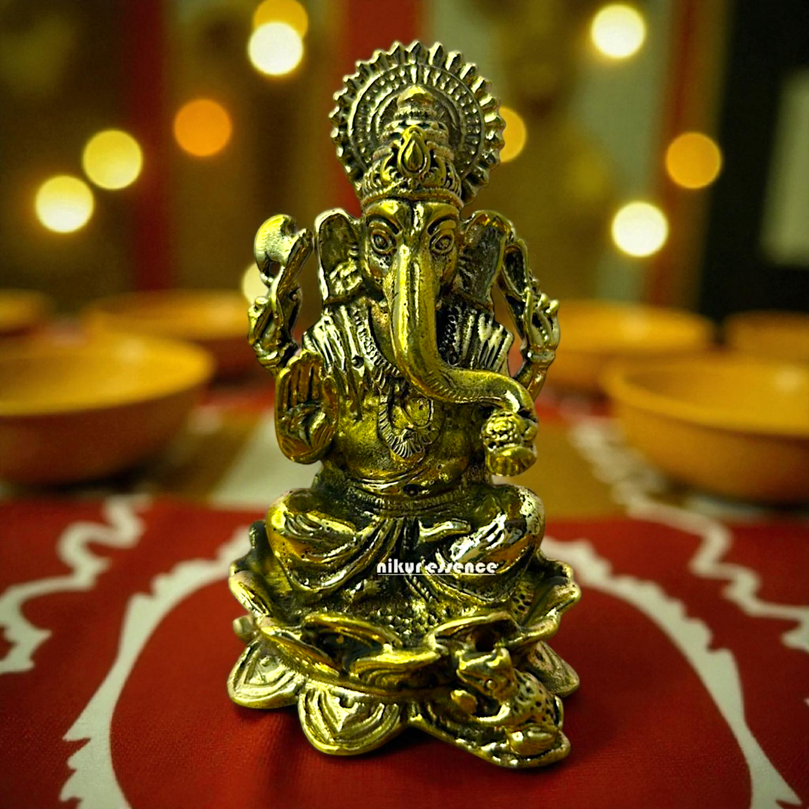 Ganesha Seated on Lotus Panchaloha Idol by Nikur Essence | Handcrafted Sacred Metal Sculpture Nikuressence