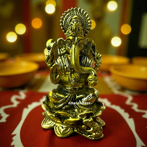 Ganesha Seated on Lotus Panchaloha Idol by Nikur Essence | Handcrafted Sacred Metal Sculpture