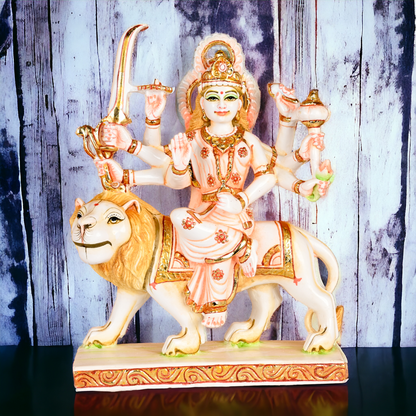 Buy Cultured Marble Goddess Durga Sitting on Lion Statue Nikuressence durga maa murti Handcrafted Hindu Goddess Sculpture Handcrafted Hindu Goddess Sculpture for Meditation Room Hindu Goddess Durga Idol Hindu Temple Statue Home Temple Decor Intricately Carved Goddess Durga for Spiritual Decor maa durga murti Marble Goddess Durga Statue Marble Goddess Durga Statue for Home Temple Nikur Essence Nikur Essence Marble Goddess Durga for Spiritual Growth Premium White Marble Statue of Goddess Durga