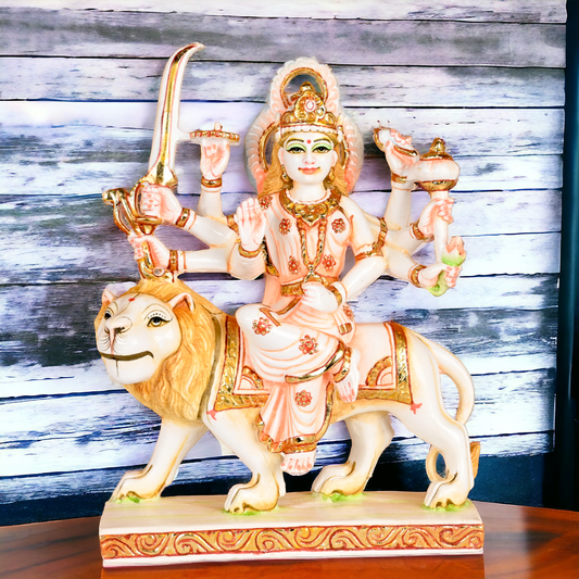 Buy Cultured Marble Goddess Durga Sitting on Lion Statue Nikuressence durga maa murti Handcrafted Hindu Goddess Sculpture Handcrafted Hindu Goddess Sculpture for Meditation Room Hindu Goddess Durga Idol Hindu Temple Statue Home Temple Decor Intricately Carved Goddess Durga for Spiritual Decor maa durga murti Marble Goddess Durga Statue Marble Goddess Durga Statue for Home Temple Nikur Essence Nikur Essence Marble Goddess Durga for Spiritual Growth Premium White Marble Statue of Goddess Durga