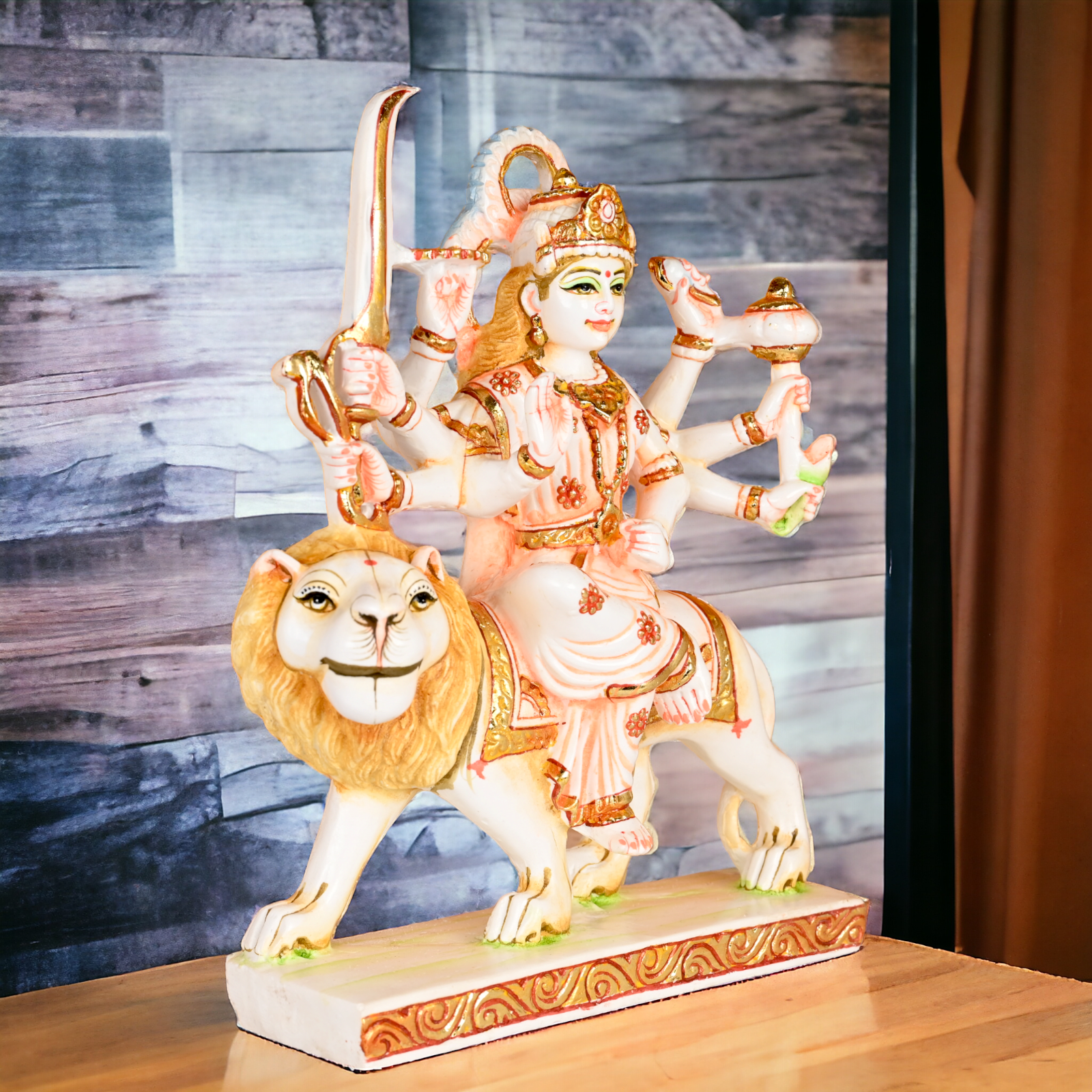 Buy Cultured Marble Goddess Durga Sitting on Lion Statue Nikuressence durga maa murti Handcrafted Hindu Goddess Sculpture Handcrafted Hindu Goddess Sculpture for Meditation Room Hindu Goddess Durga Idol Hindu Temple Statue Home Temple Decor Intricately Carved Goddess Durga for Spiritual Decor maa durga murti Marble Goddess Durga Statue Marble Goddess Durga Statue for Home Temple Nikur Essence Nikur Essence Marble Goddess Durga for Spiritual Growth Premium White Marble Statue of Goddess Durga