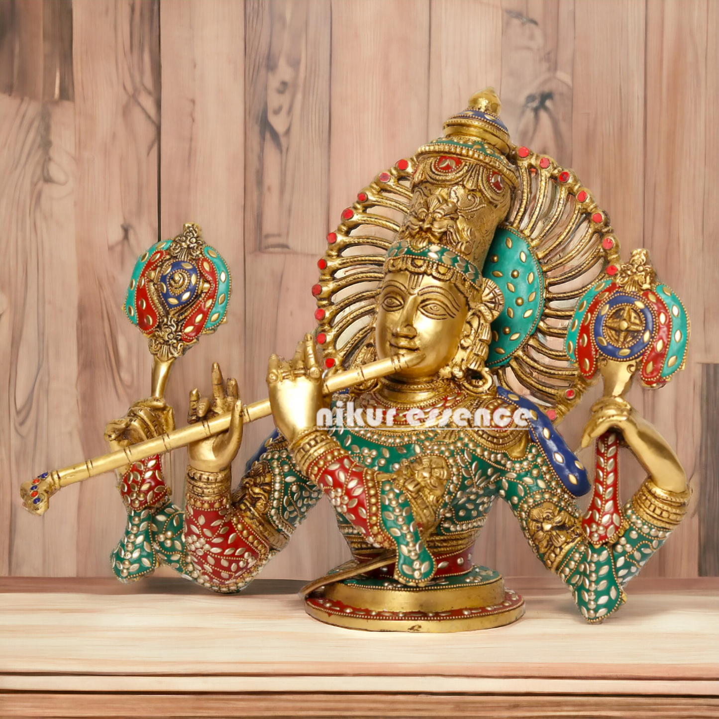 Lord Chaturbhuja Venugopal Krishna with Playing Flute Brass stone work idol - 16 Inches