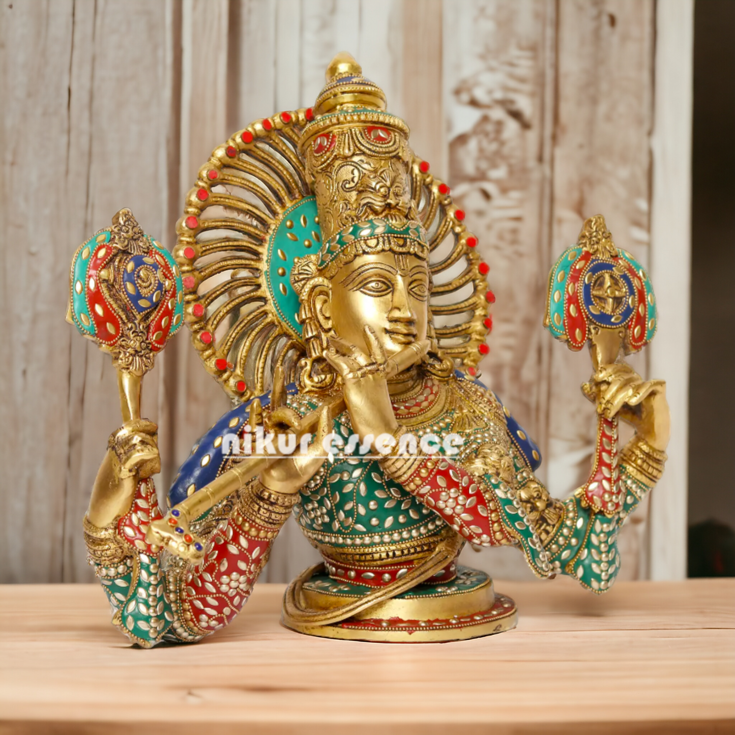 Lord Chaturbhuja Venugopal Krishna with Playing Flute Brass stone work idol - 16 Inches