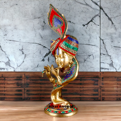 Lord Krishna Head Playing Flute with Stone Work - 20 inches