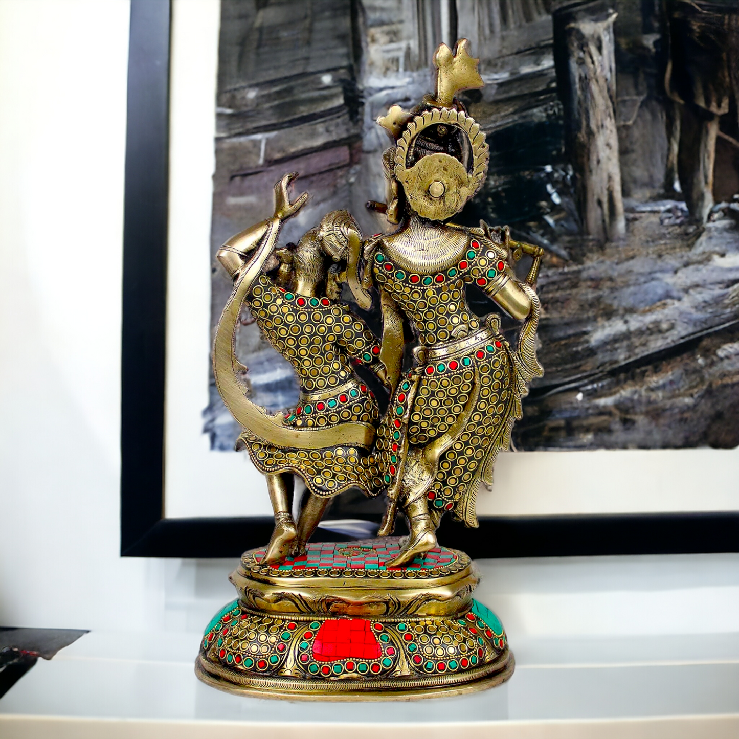 Brass Radha Krishna brass with Stone Work idol - 16 inch