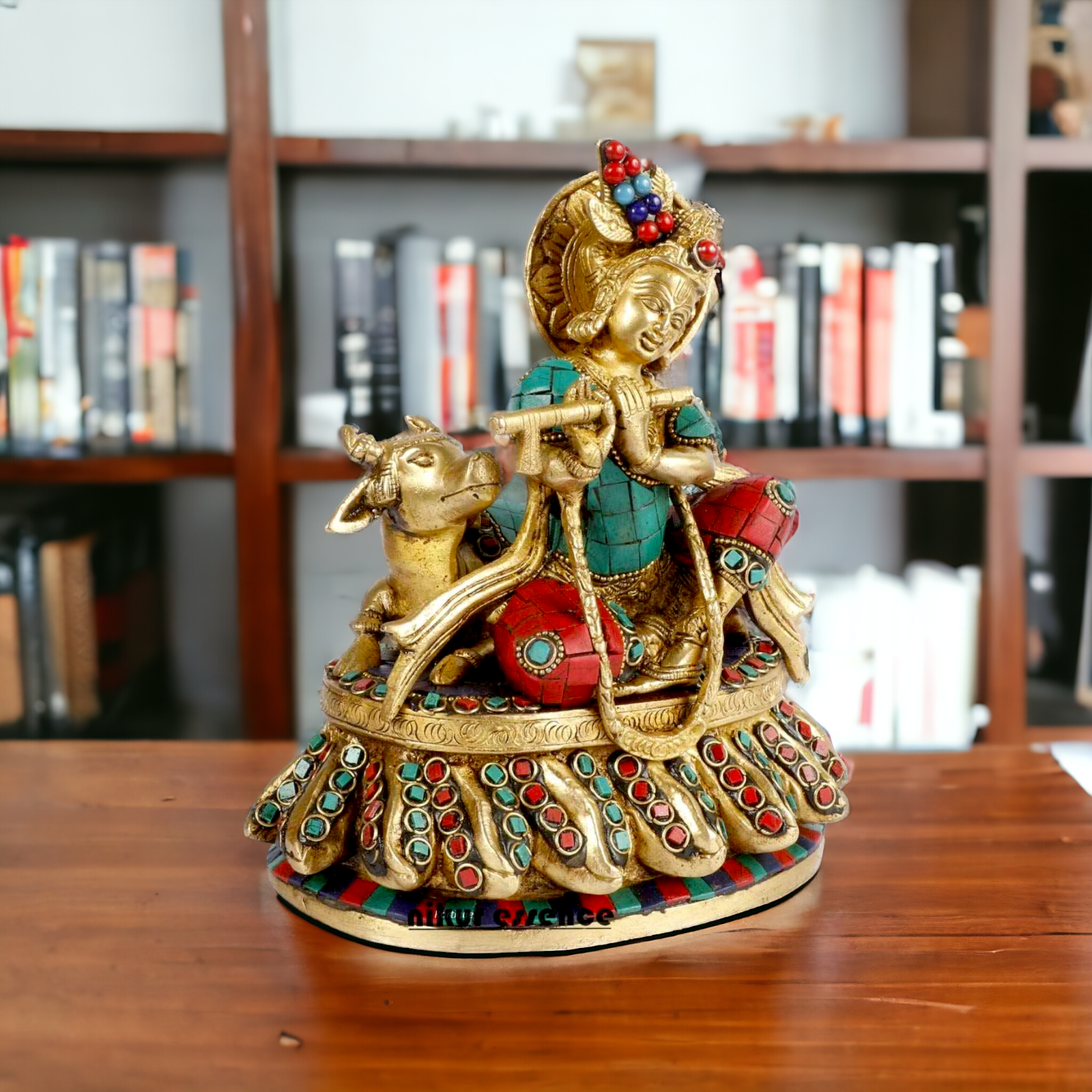 Lord Krishna Standing Brass with stone work idol - 7 inches