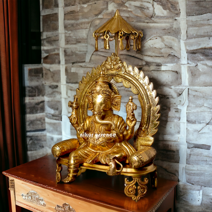 Lord Ganesha Seated on Singhasan Solid Brass idol - 17 inches