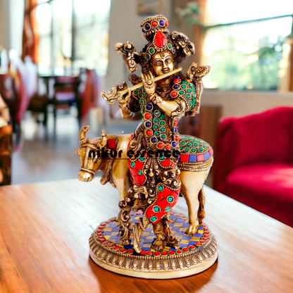 Lord Krishna with Cow brass with Stone Work Idol- 10 inch