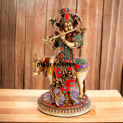 Lord Krishna with Cow brass with Stone Work Idol- 10 inch