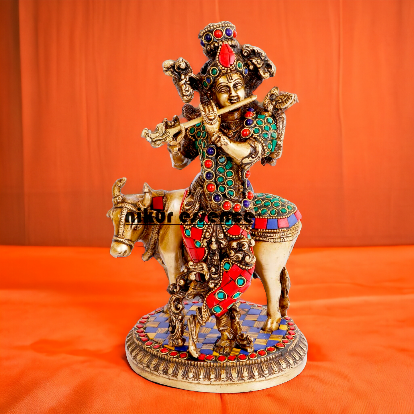 Lord Krishna with Cow brass with Stone Work Idol- 10 inch