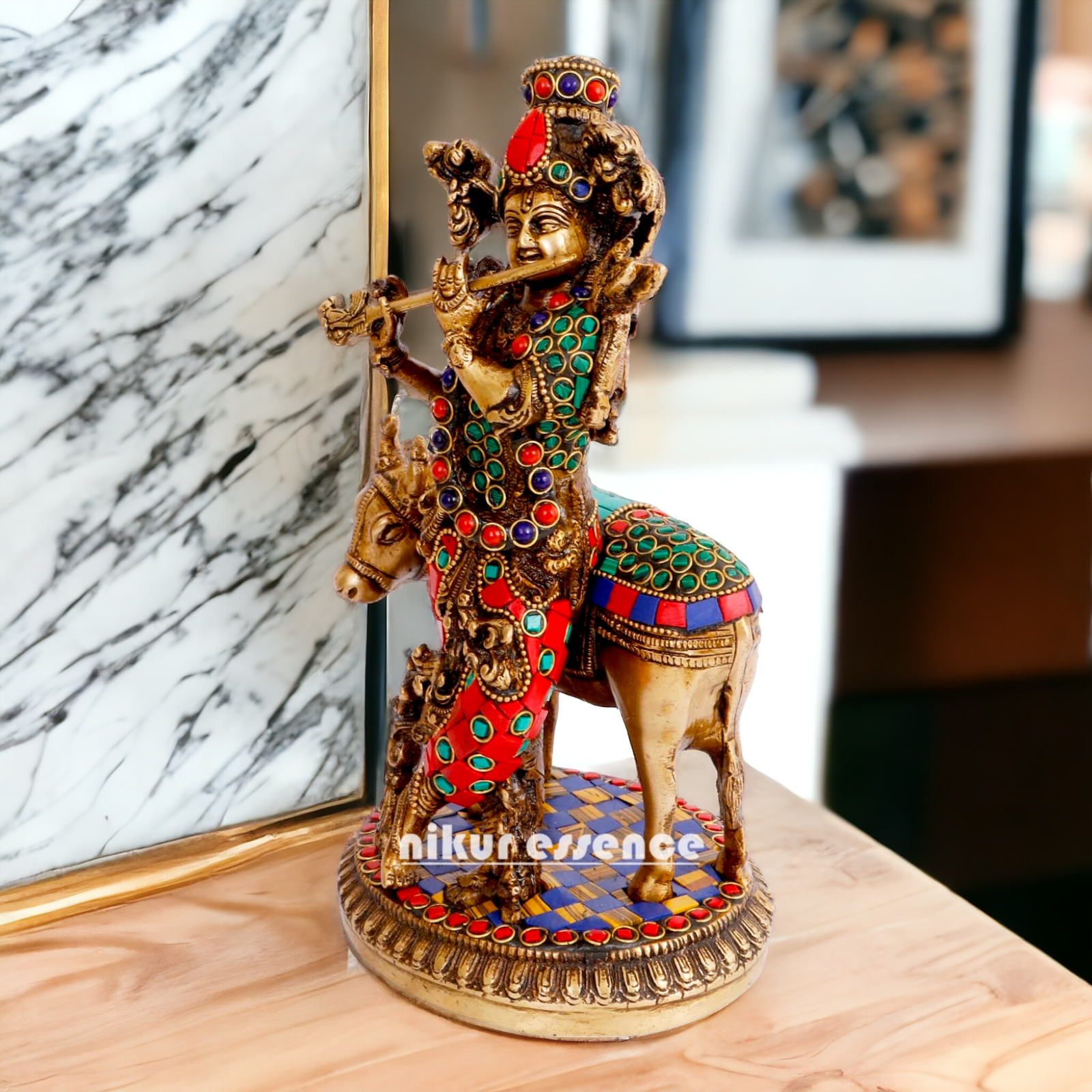 Lord Krishna with Cow brass with Stone Work Idol- 10 inch