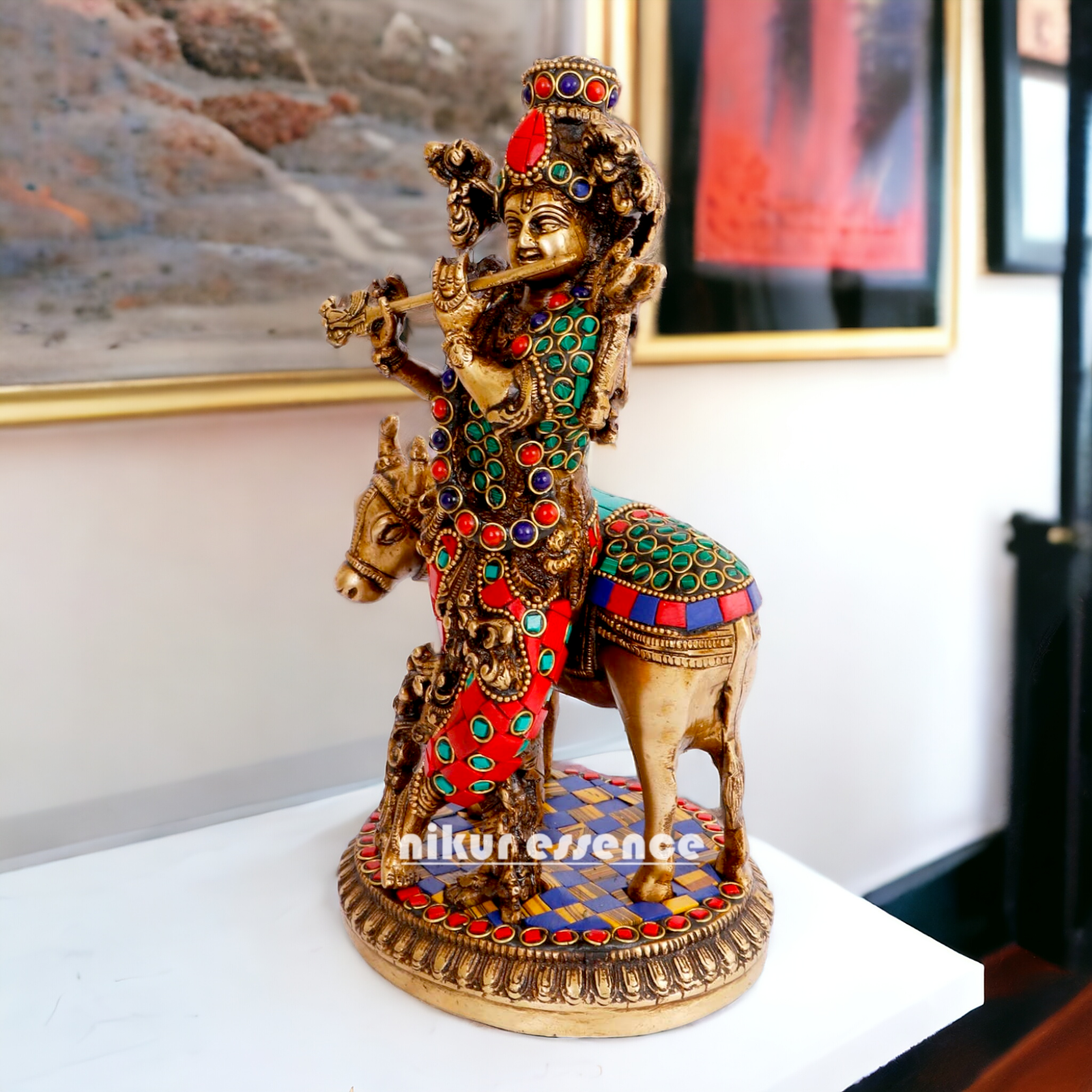 Lord Krishna with Cow brass with Stone Work Idol- 10 inch