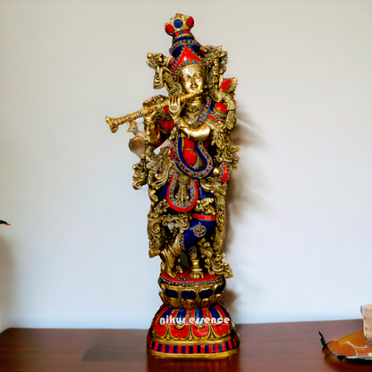 Big Krishna Gopala Brass idol with Stone work - 29 inches