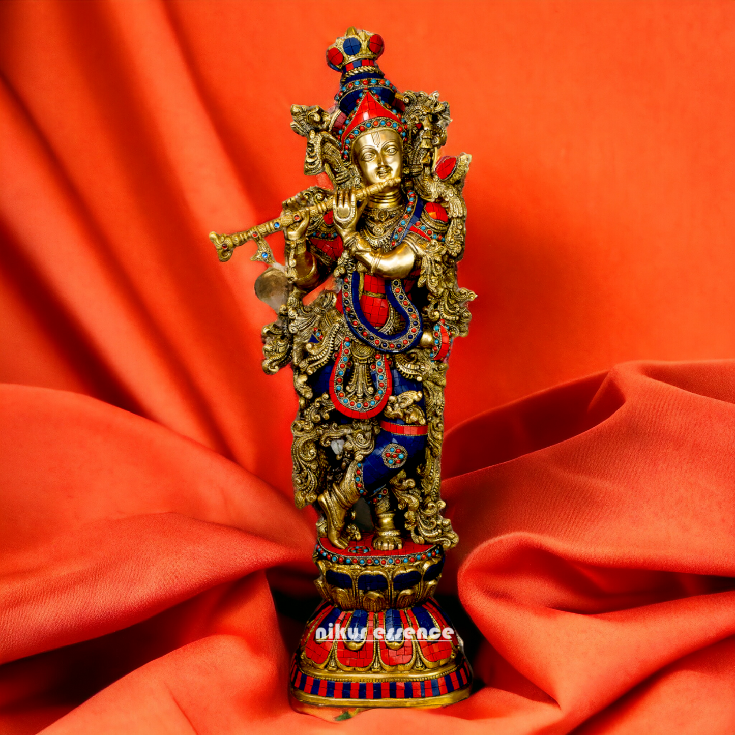 Big Krishna Gopala Brass idol with Stone work - 29 inches