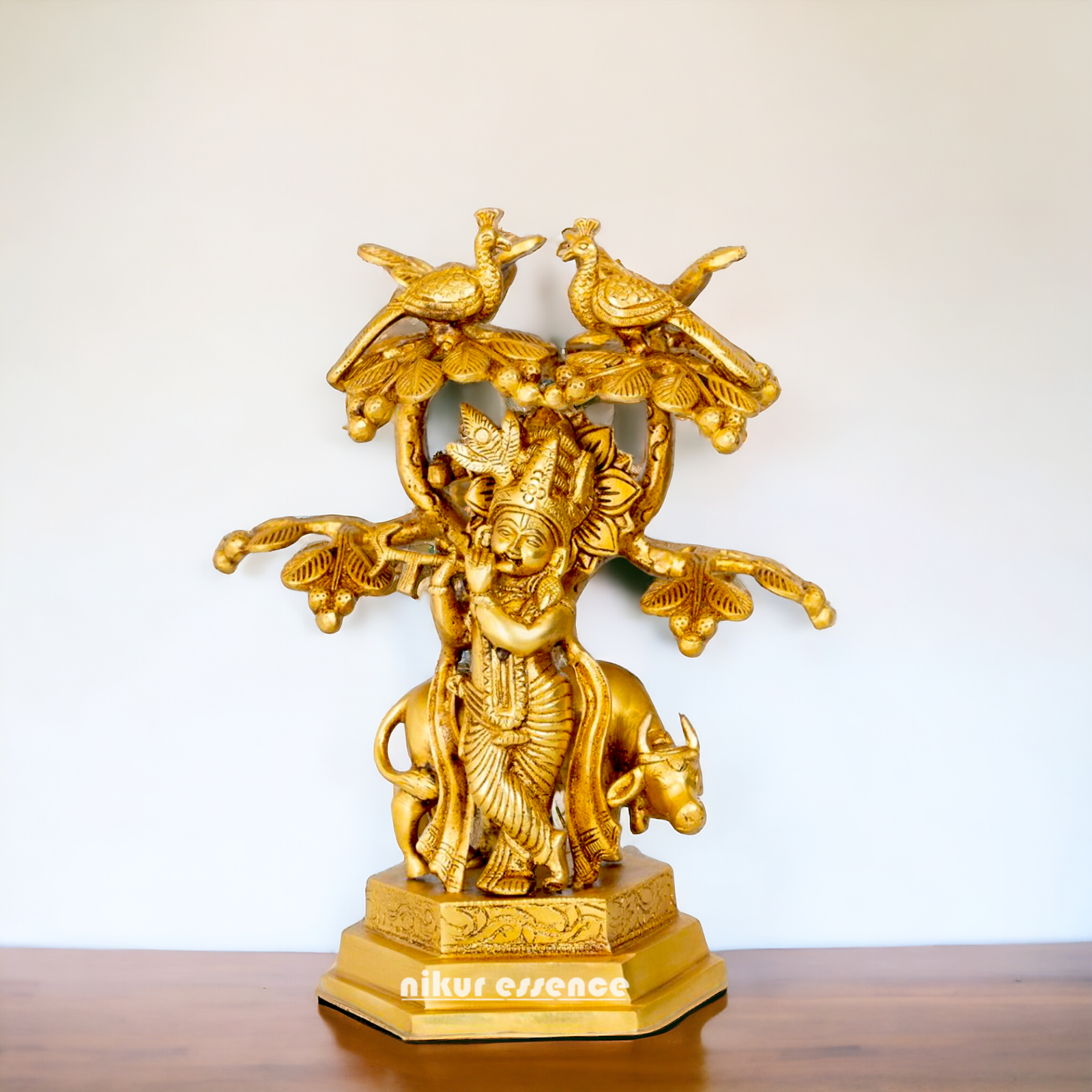 Solid Brass Krishna Govind with Tree and cow idol - 10.5 inches