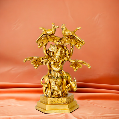 Solid Brass Krishna Govind with Tree and cow idol - 10.5 inches