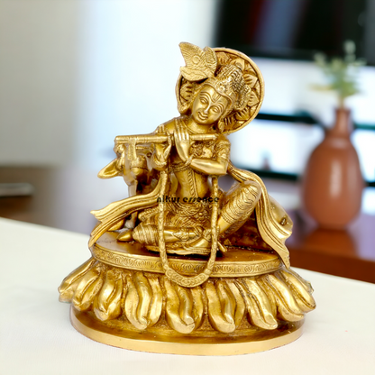 Solid Brass Krishna Sitting with Playing Flute idol - 8.5 inches