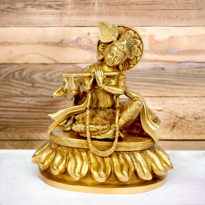 Solid Brass Krishna Sitting with Playing Flute idol - 8.5 inches