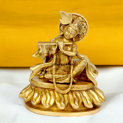 Solid Brass Krishna Sitting with Playing Flute idol - 8.5 inches