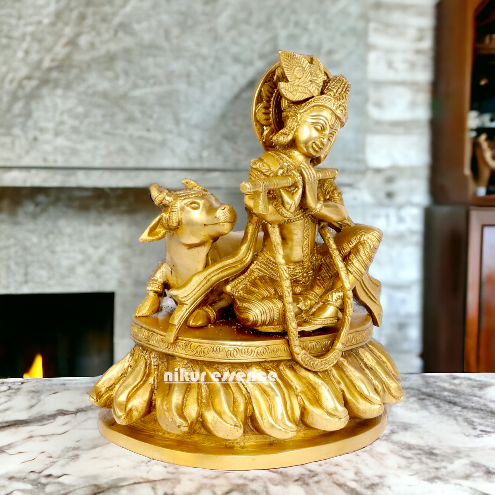 Solid Brass Krishna Sitting with Playing Flute idol - 8.5 inches