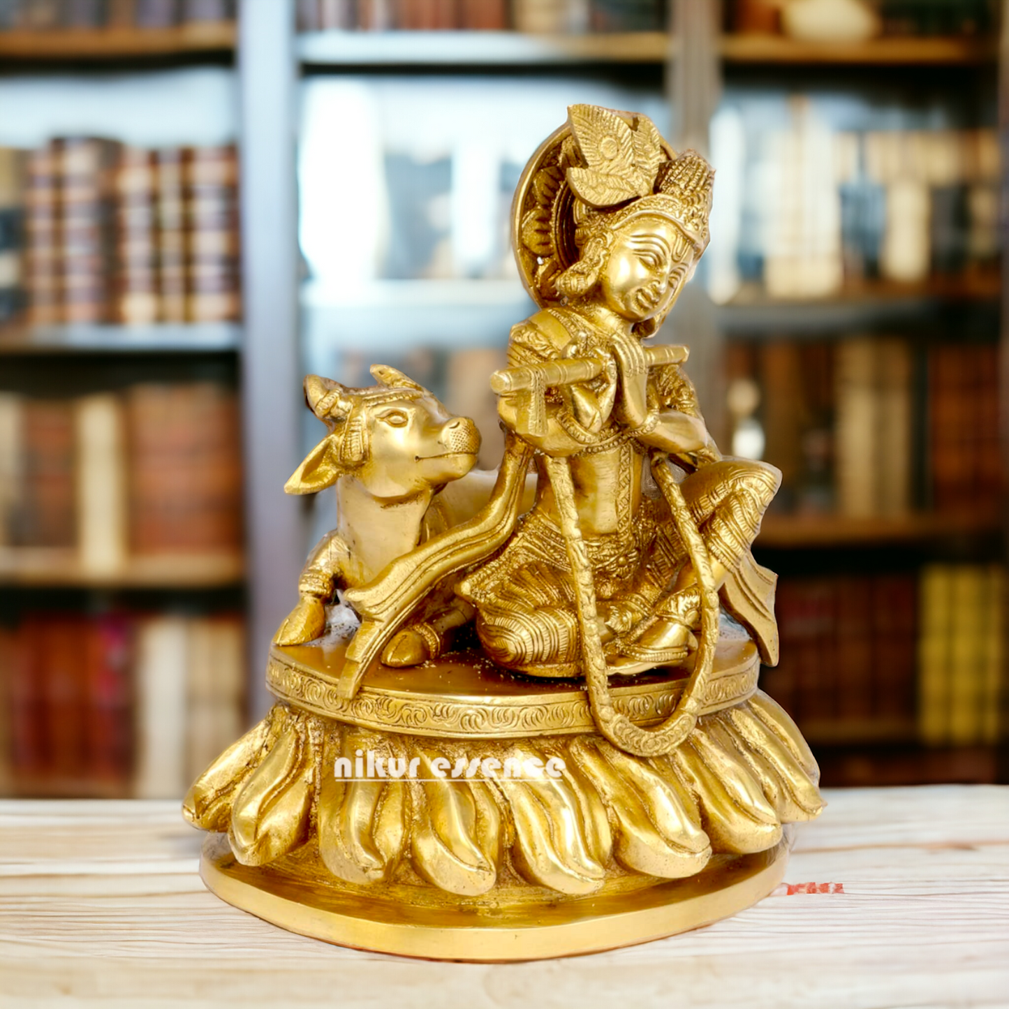 Solid Brass Krishna Sitting with Playing Flute idol - 8.5 inches