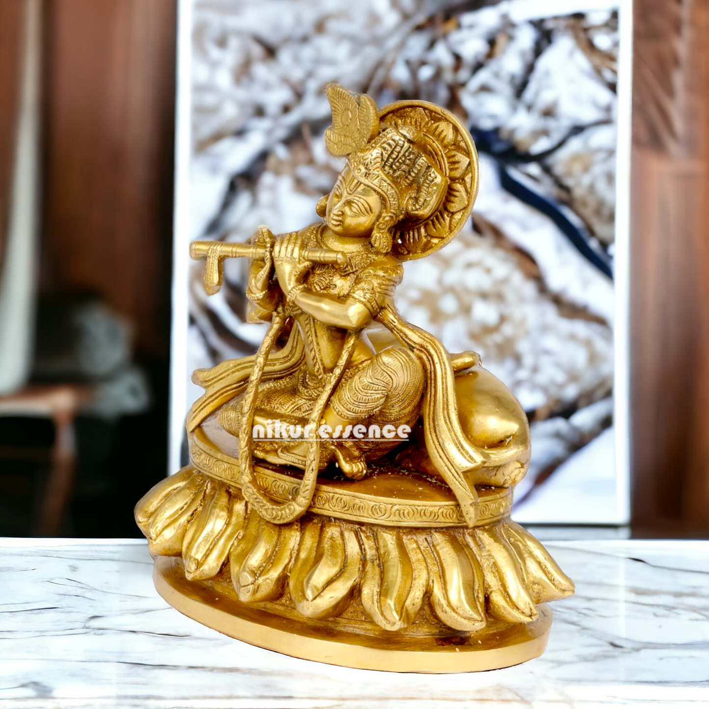 Solid Brass Krishna Sitting with Playing Flute idol - 8.5 inches