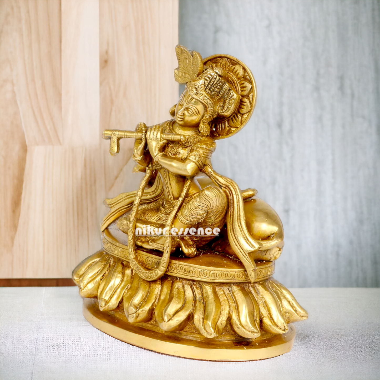 Solid Brass Krishna Sitting with Playing Flute idol - 8.5 inches