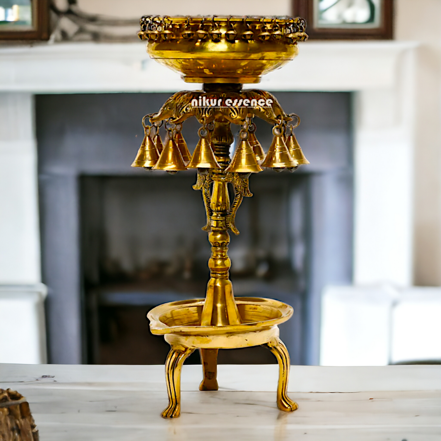 Online large Brass Urli bowl with bells - 19 inches Height