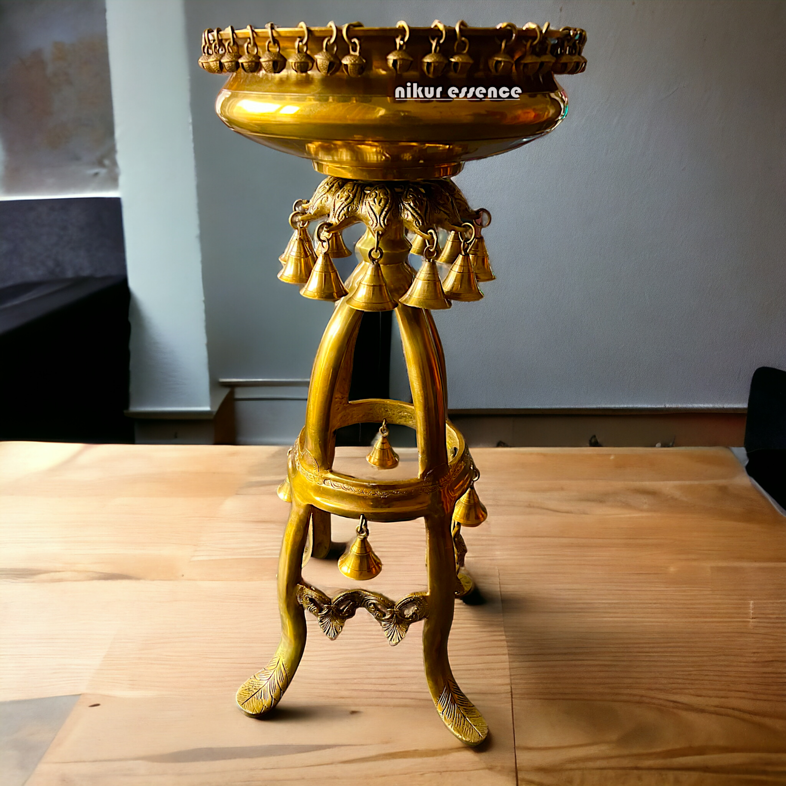 Large Solid Brass Urli Stand with Bells Ghungroo - 67 cm Idols Nikuressence