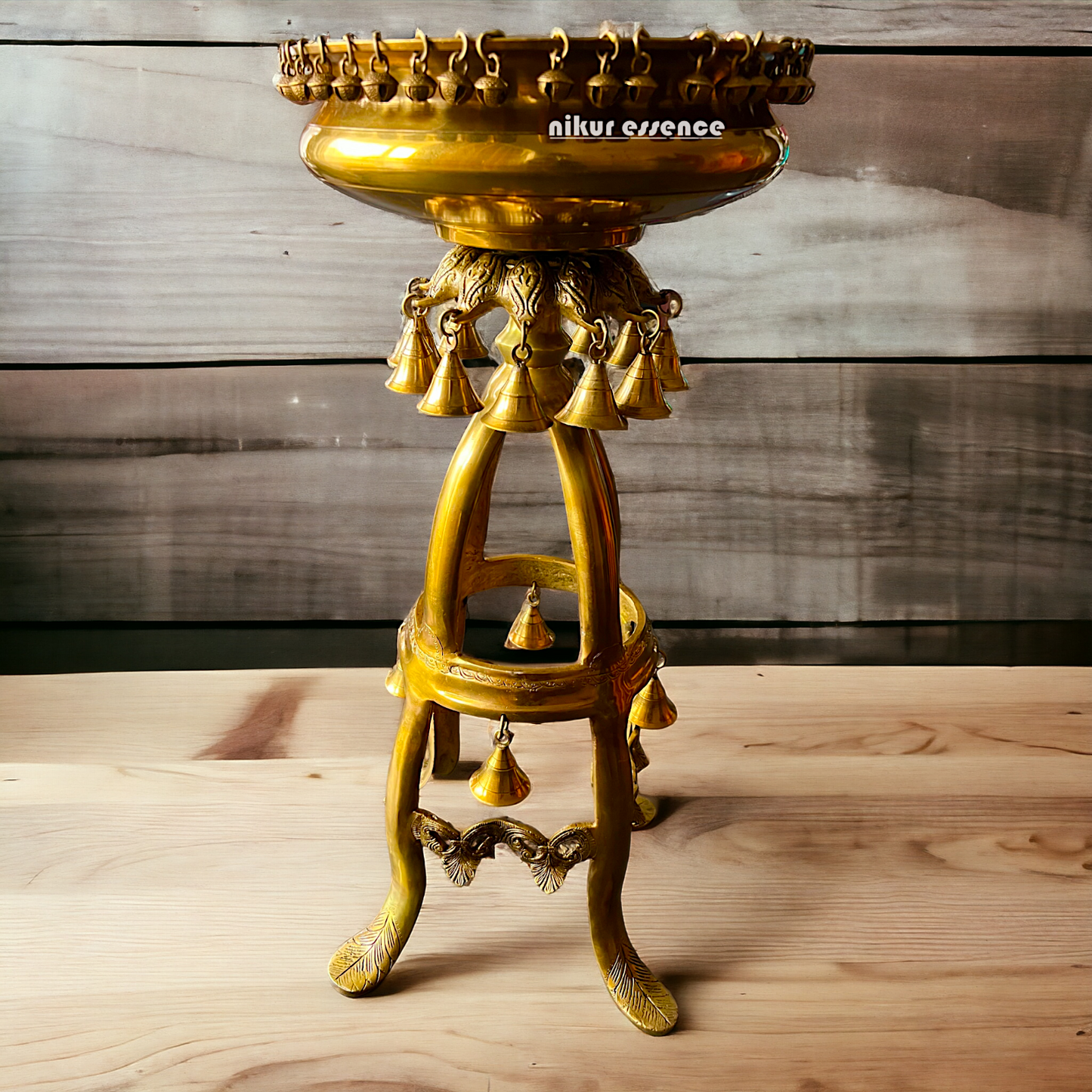 Large Solid Brass Urli Stand with Bells Ghungroo - 67 cm Idols Nikuressence