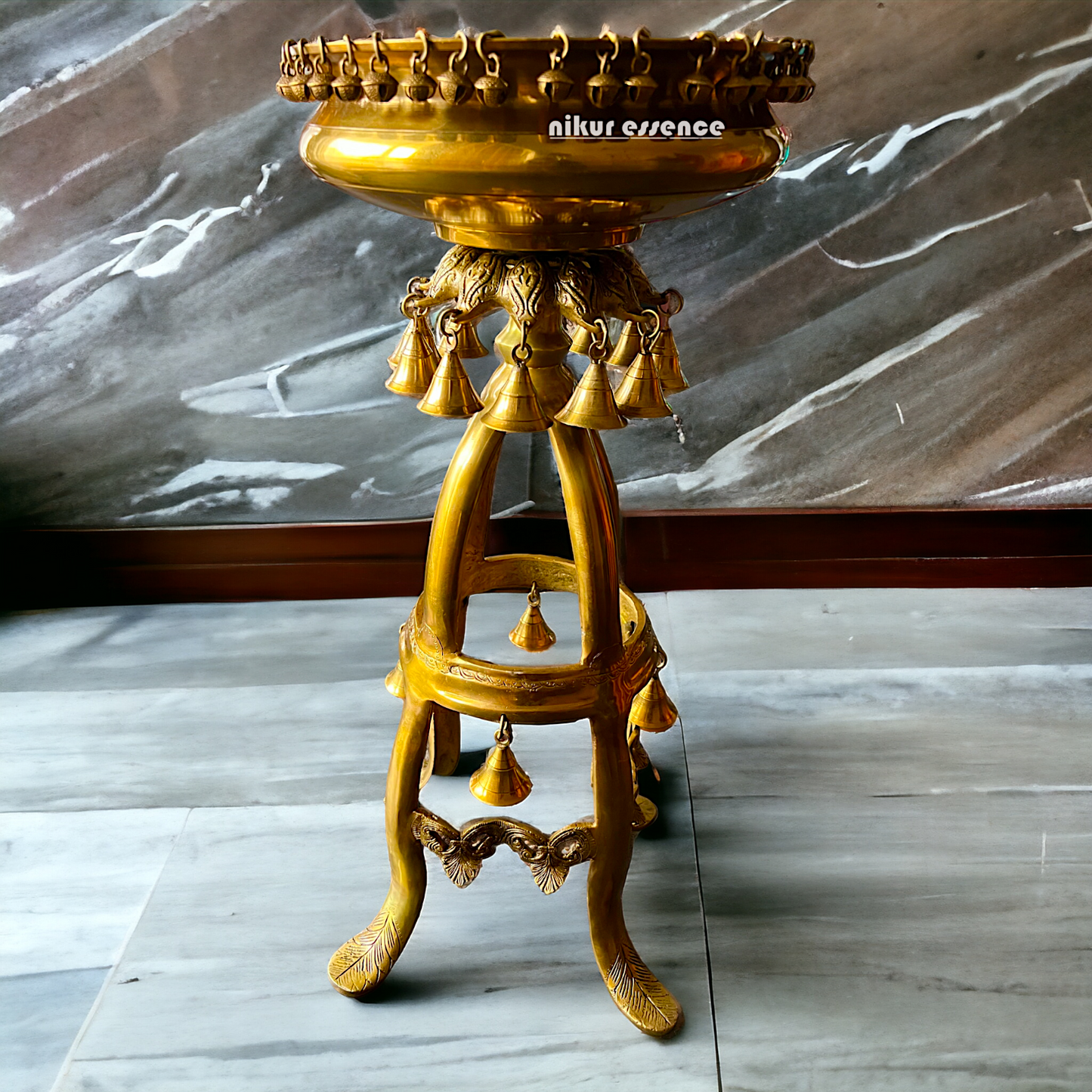 Large Solid Brass Urli Stand with Bells Ghungroo - 67 cm Idols Nikuressence