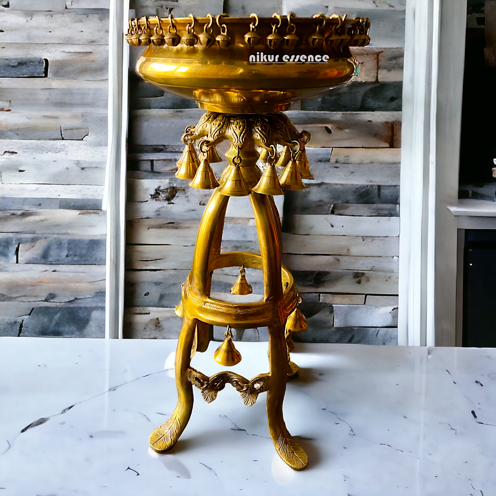 Large Solid Brass Urli Stand with Bells Ghungroo - 67 cm Idols Nikuressence