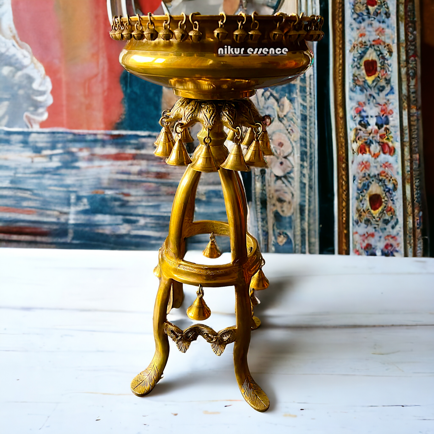 Large Solid Brass Urli Stand with Bells Ghungroo - 67 cm Idols Nikuressence