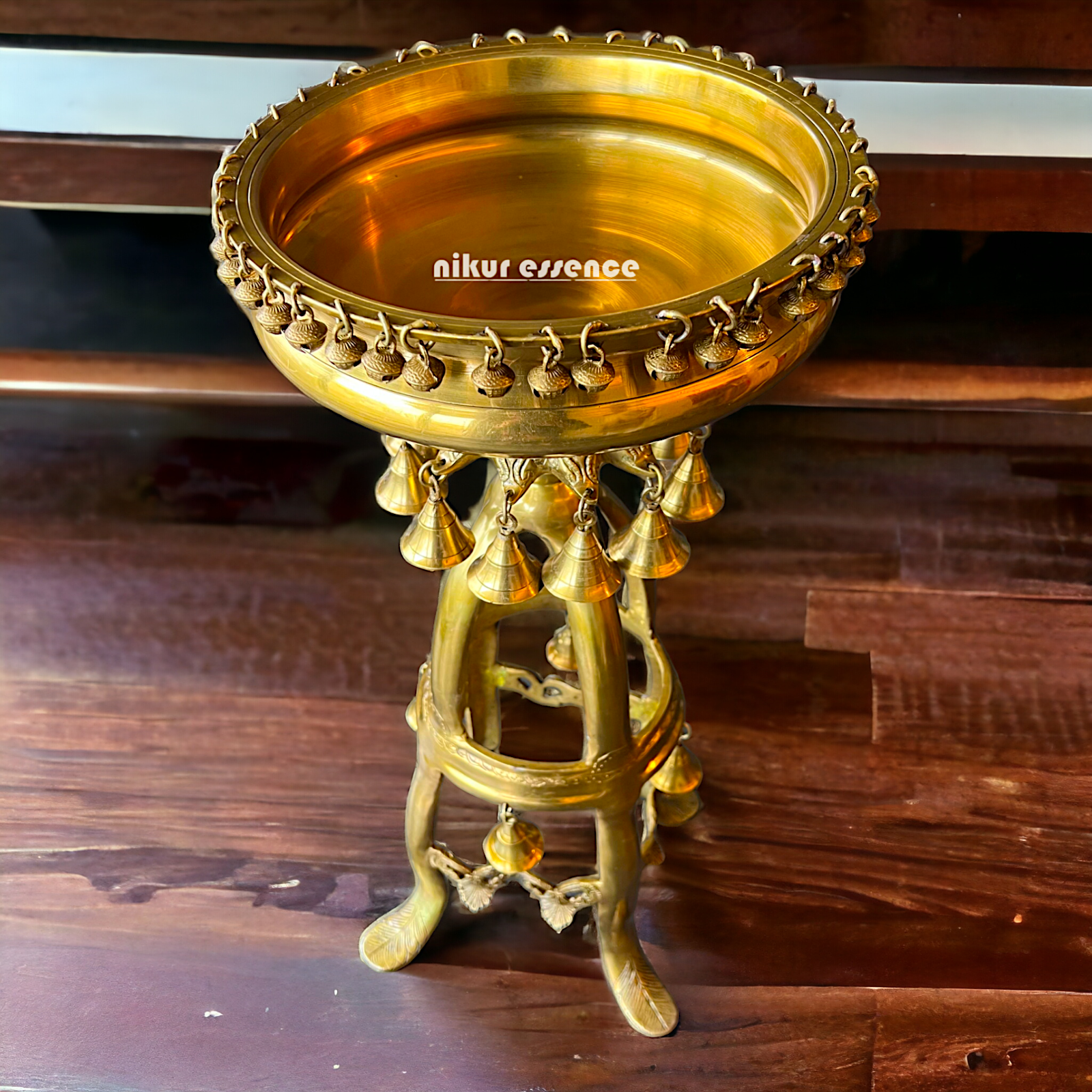 Large Solid Brass Urli Stand with Bells Ghungroo - 67 cm Idols Nikuressence