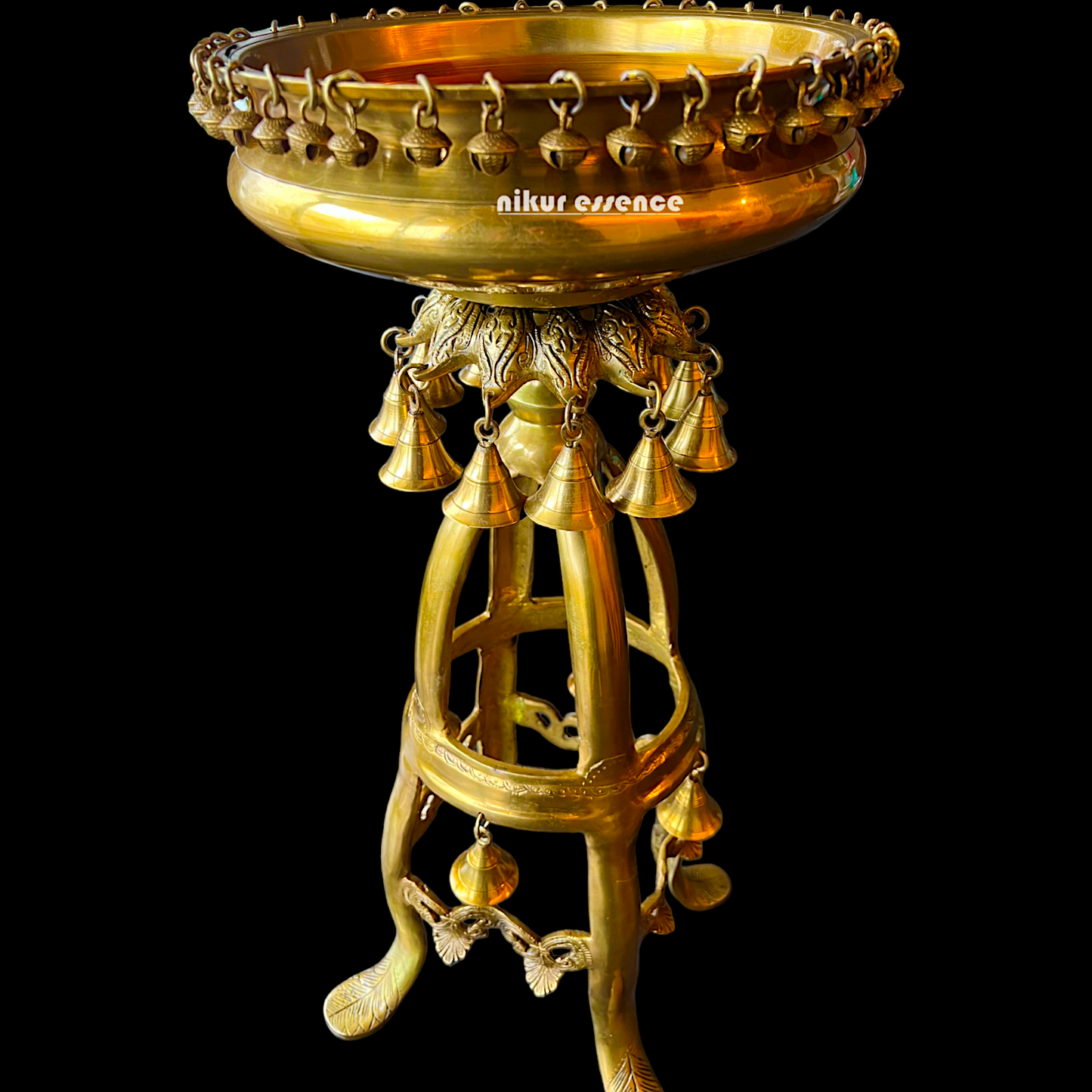 Large Solid Brass Urli Stand with Bells Ghungroo - 67 cm Idols Nikuressence