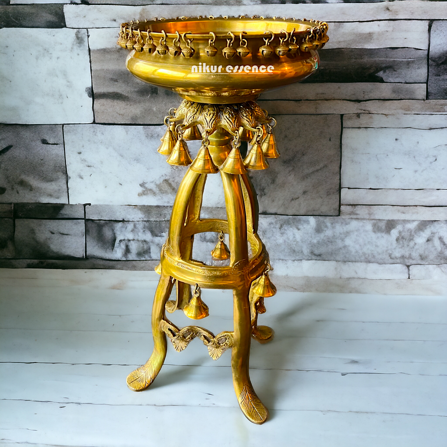 Large Solid Brass Urli Stand with Bells Ghungroo - 67 cm Idols Nikuressence