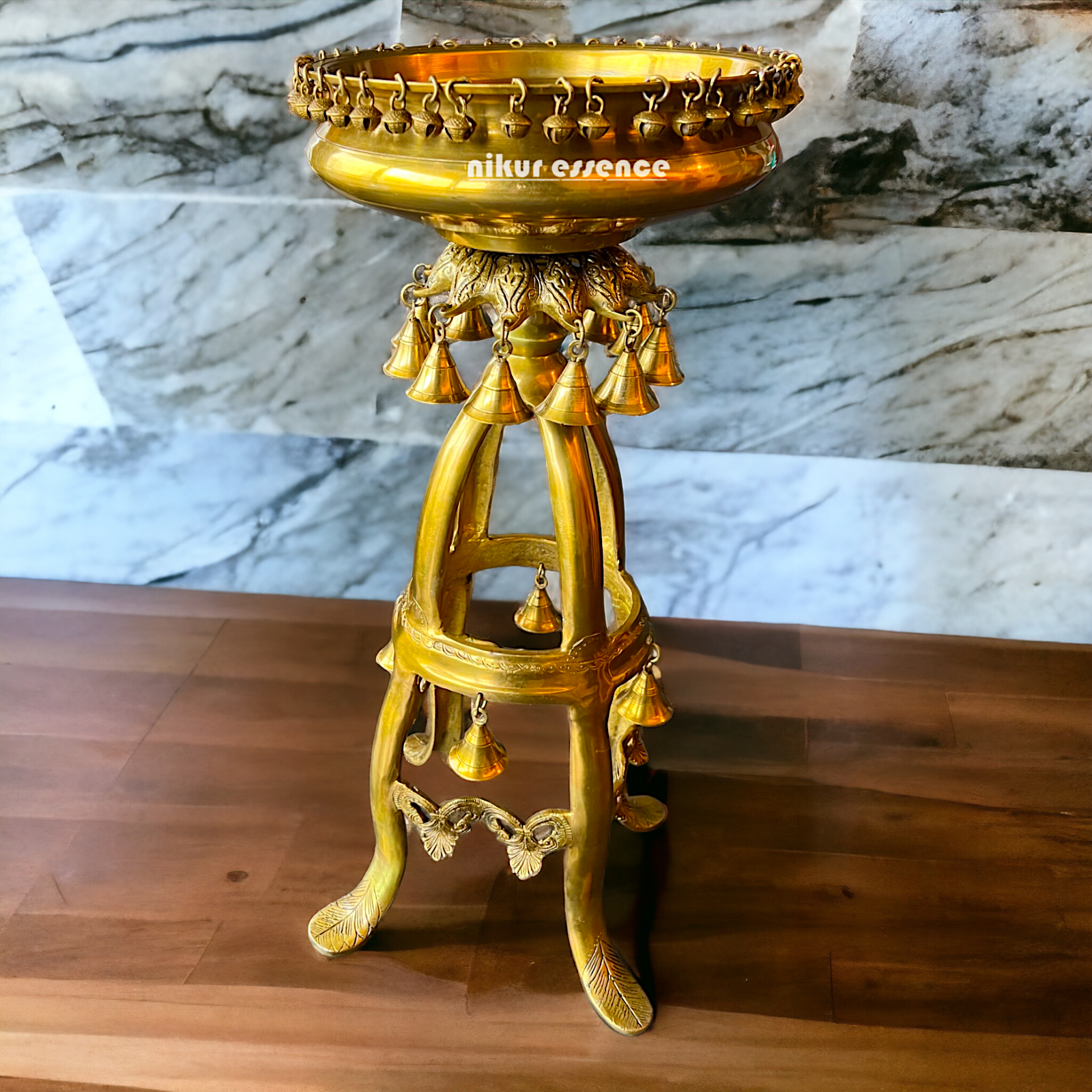 Large Solid Brass Urli Stand with Bells Ghungroo - 67 cm Idols Nikuressence