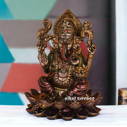 13-Inch Ganesh Statue in Ashirwad Sitting on Lotus - Handcrafted Indian Art for Spiritual Bliss and Decorative Elegance