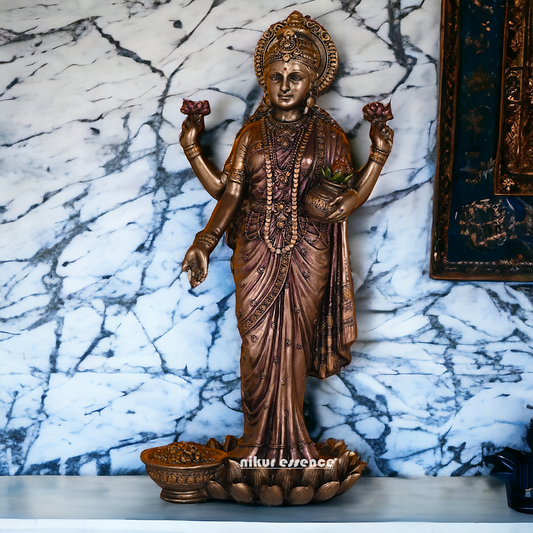 10-Inch Bronze Goddess Lakshmi Idol Standing Gracefully on Lotus Flower - Handcrafted Hindu Deity Statue for Prosperity and Spiritual Blessings