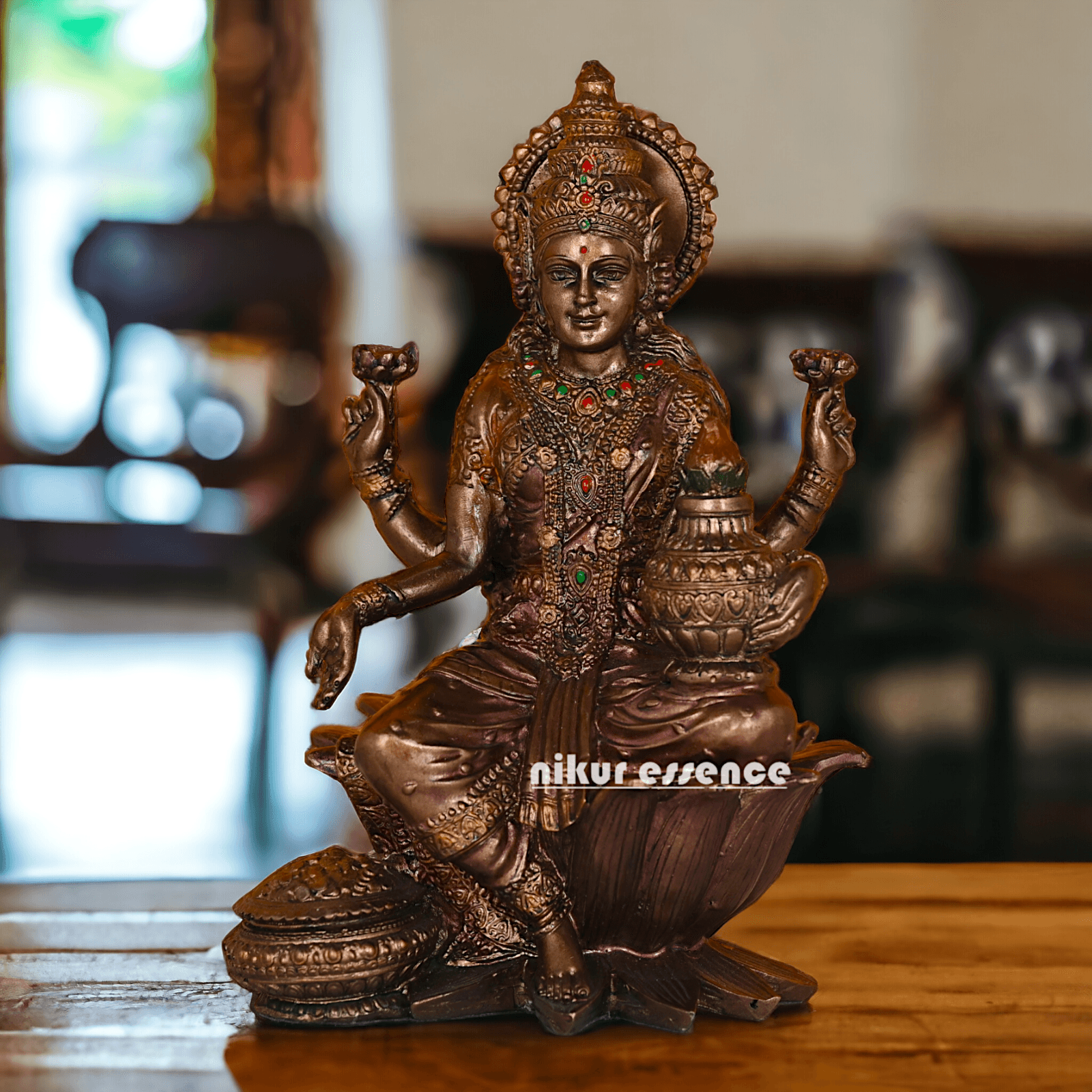 Bronze Lakshmi statue Seated on Lotus - Handcrafted Hindu Sculpture for Prosperity and Blessings